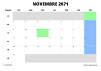 calendrier novembre 2071 au format paysage