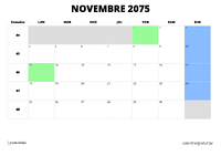 calendrier novembre 2075 au format paysage