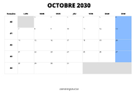 calendrier octobre 2030 au format paysage