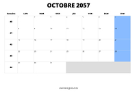 calendrier octobre 2057 au format paysage