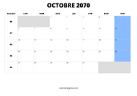 calendrier octobre 2070 au format paysage