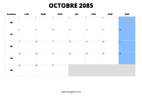 calendrier octobre 2085 au format paysage