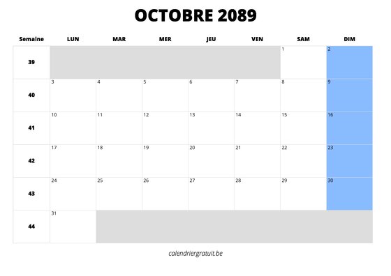calendrier octobre 2089 calendrier octobre 2089 au format paysage