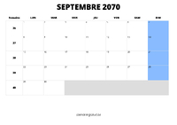 calendrier septembre 2070 au format paysage