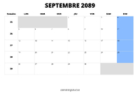 calendrier septembre 2089 au format paysage